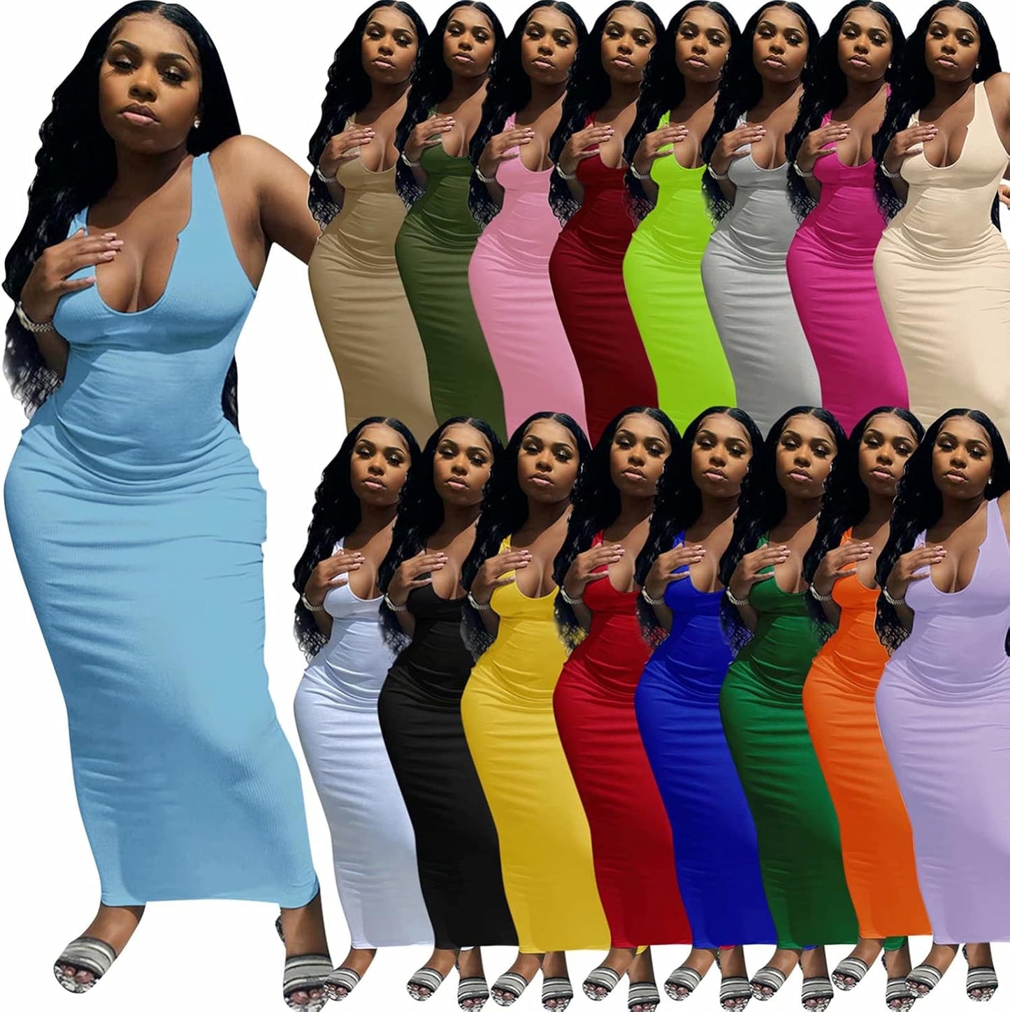 Women'S Sexy Summer Casual Slit Scoop Neck Ottoman Rib Club Beach Basic Long Bodycon Maxi Tank Dress Sun Dresses