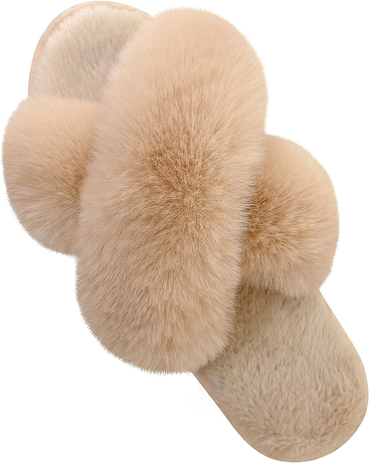Women's Fuzzy Cross Band Slippers with Memory Foam - Comfortable Open Toe Indoor House Shoes for Ladies