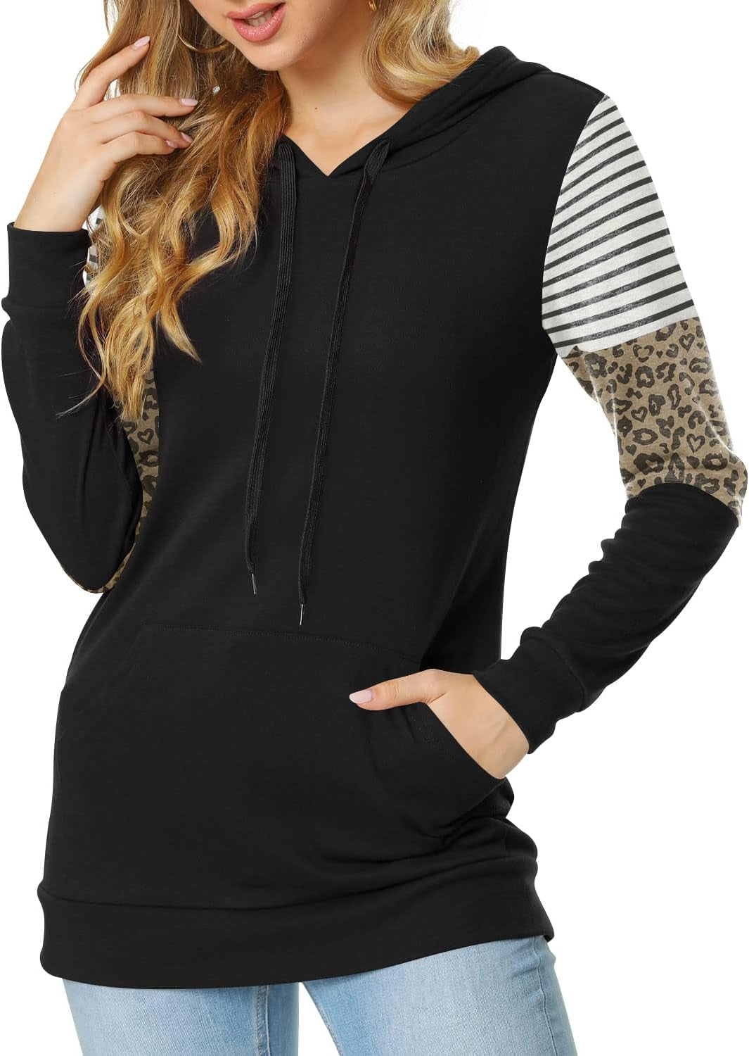 Women'S Casual Drawstring Pullover Tunic Top Long Sleeve Color Block Hoodie Sweatshirts with Pocket, M, Leopard Sleeve - Black