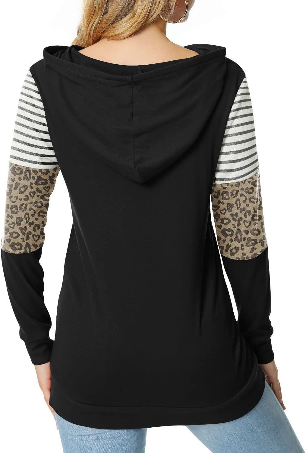 Women'S Casual Drawstring Pullover Tunic Top Long Sleeve Color Block Hoodie Sweatshirts with Pocket, M, Leopard Sleeve - Black