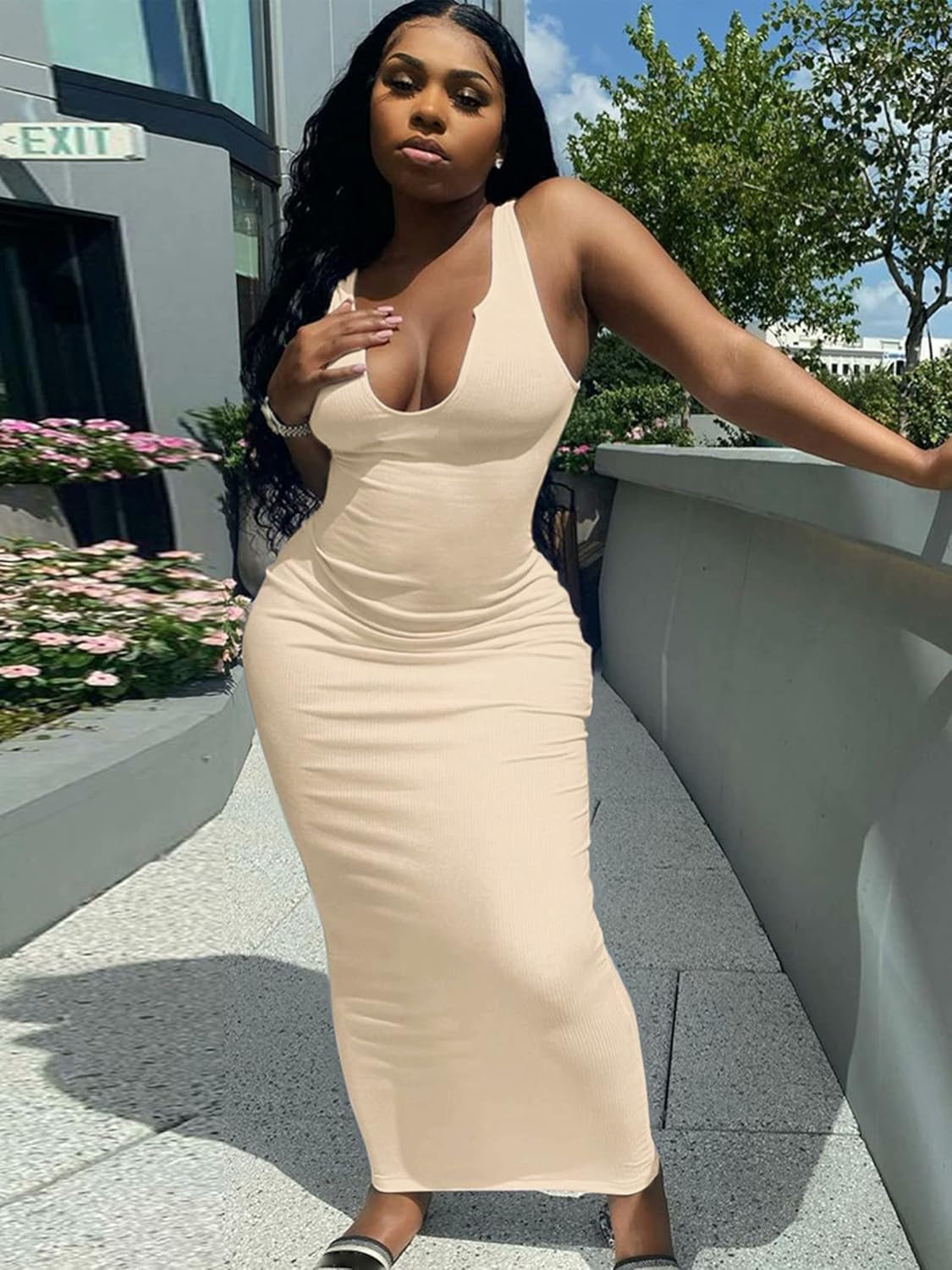 Women'S Sexy Summer Casual Slit Scoop Neck Ottoman Rib Club Beach Basic Long Bodycon Maxi Tank Dress Sun Dresses