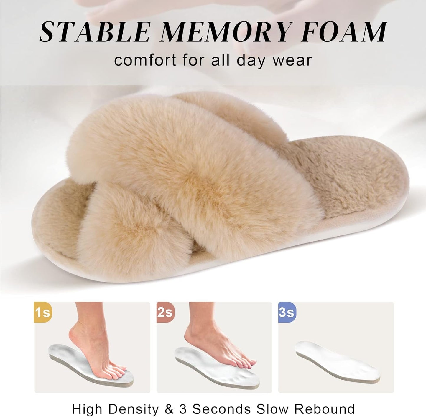 Women's Fuzzy Cross Band Slippers with Memory Foam - Comfortable Open Toe Indoor House Shoes for Ladies