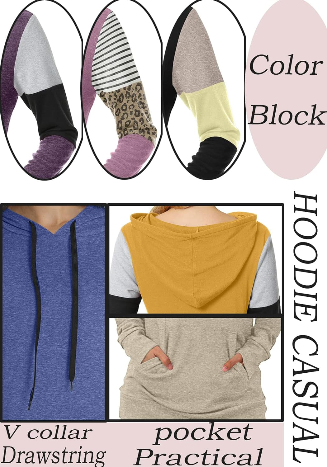 Women'S Casual Drawstring Pullover Tunic Top Long Sleeve Color Block Hoodie Sweatshirts with Pocket, M, Leopard Sleeve - Black