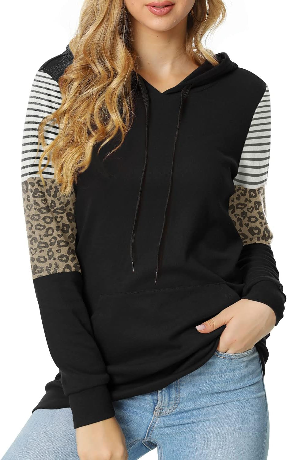 Women'S Casual Drawstring Pullover Tunic Top Long Sleeve Color Block Hoodie Sweatshirts with Pocket, M, Leopard Sleeve - Black