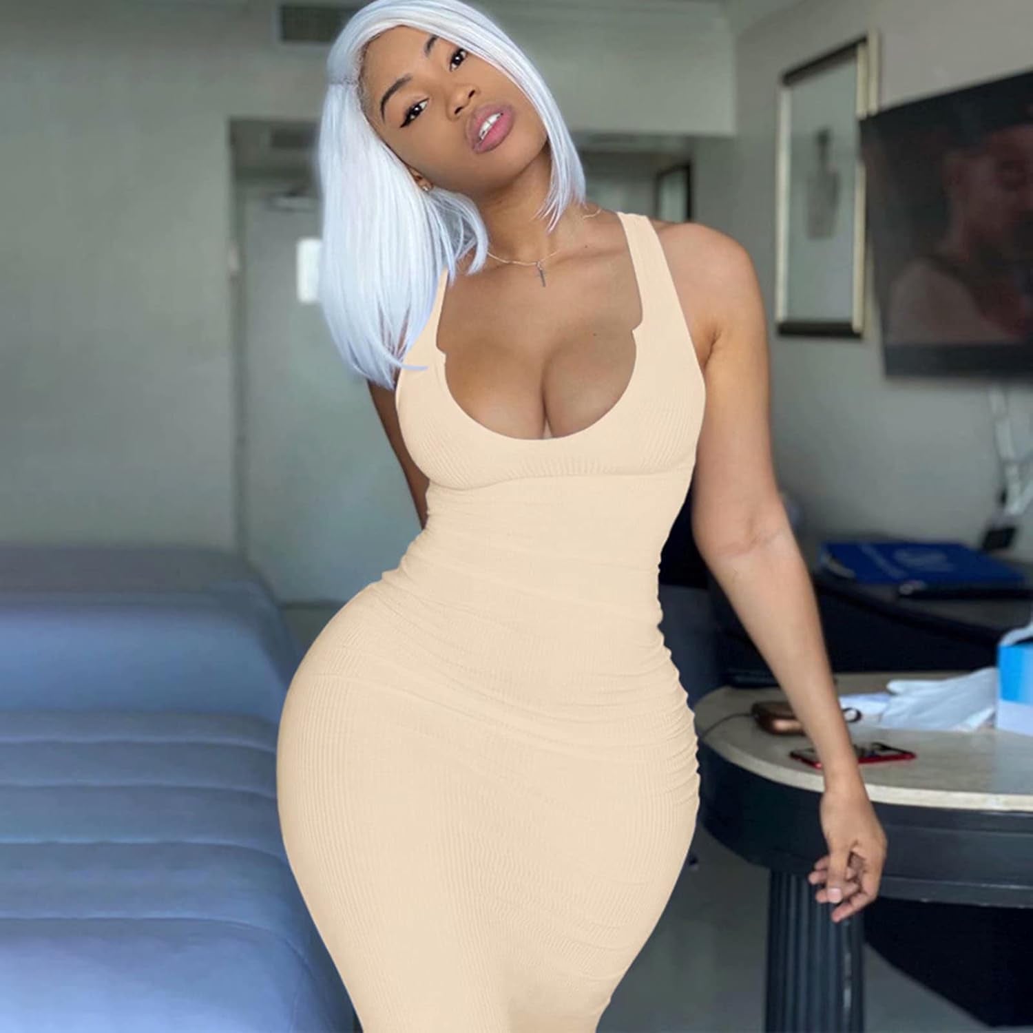 Women'S Sexy Summer Casual Slit Scoop Neck Ottoman Rib Club Beach Basic Long Bodycon Maxi Tank Dress Sun Dresses